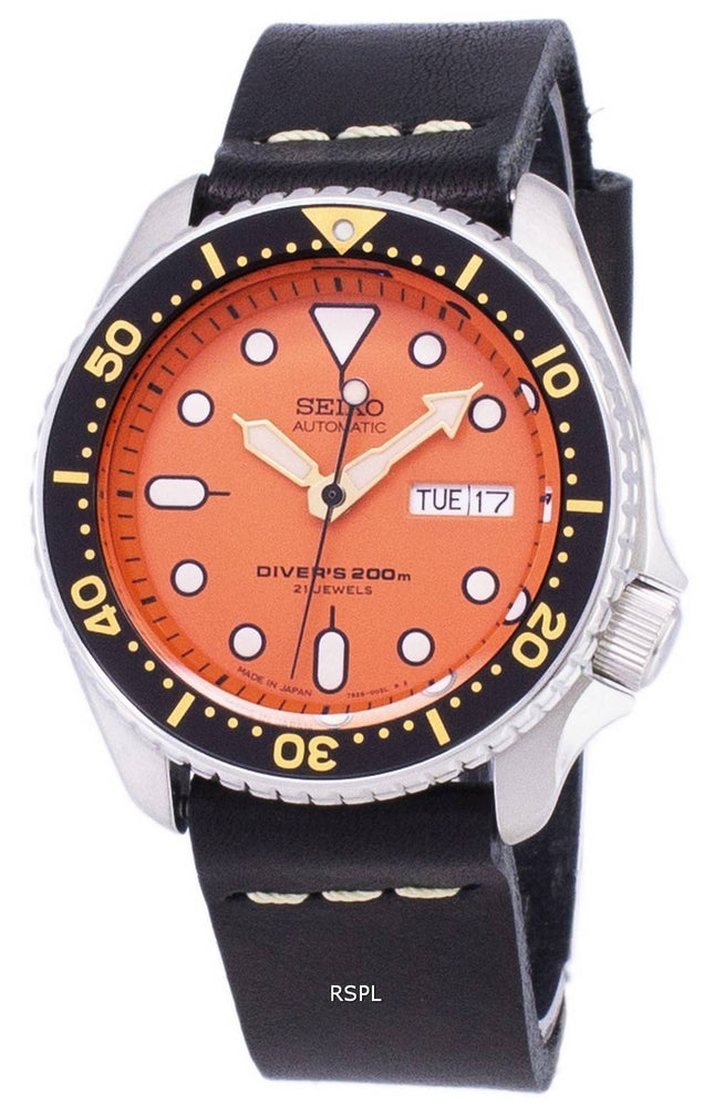 Seiko Automatic SKX011J1-LS14 Diver's 200M Japan gjorde svart läder rem mäns klockor