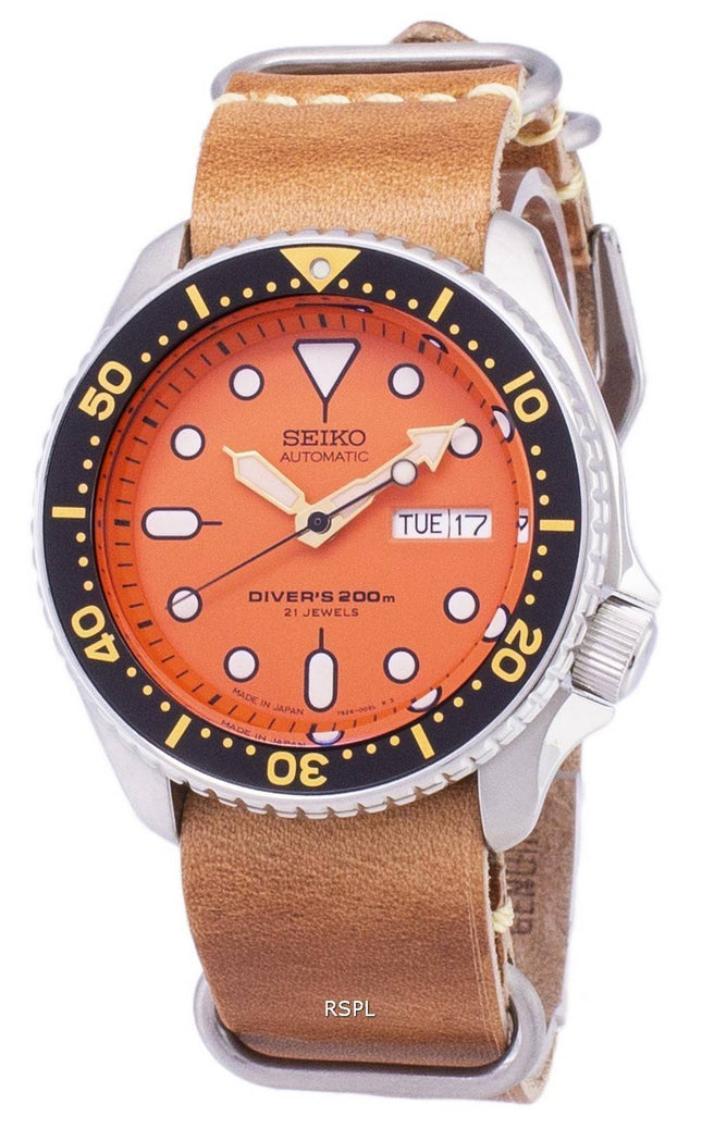 Seiko Automatic SKX011J1-LS18 Diver's 200M Japan gjorde brunt läder rem mäns klockor