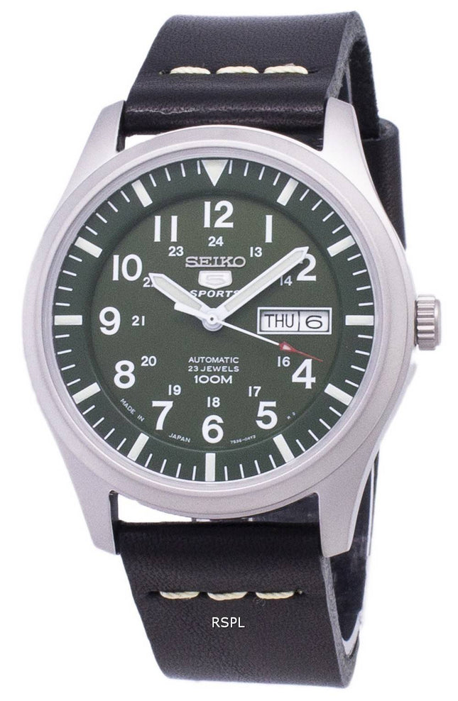 Seiko 5 Sport SNZG09J1-LS14 Japan gjorde svart läder rem mäns klockor