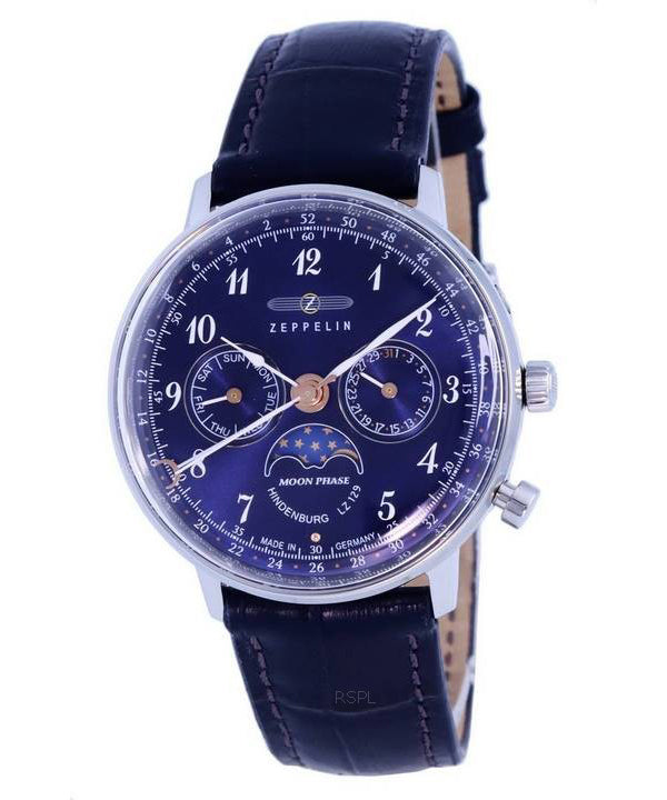 Zeppelin LZ129 Hindenburg Moonphase Blue Dial Quartz 7037-3 70373 Damklocka