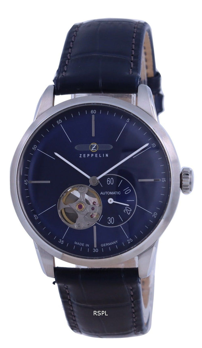 Zeppelin Flatline Open Heart Blue Dial Läderrem Automatisk 7364-3 73643 Herrklocka
