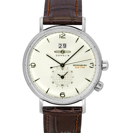 Zeppelin Hindenburg brunt läderarmband beige urtavla kvarts 80445 herrklocka