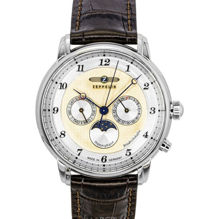 Zeppelin Friedrichshafen brunt läderarmband guldfärgad urtavla kvarts 85365 herrklocka