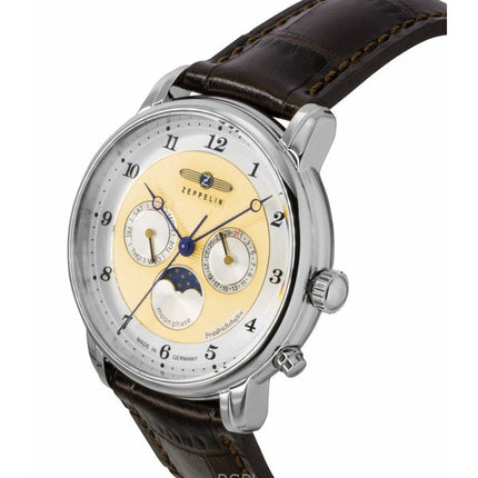 Zeppelin Friedrichshafen brunt läderarmband guldfärgad urtavla kvarts 85365 herrklocka