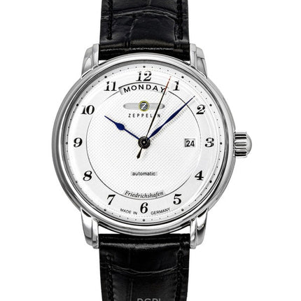 Zeppelin Friedrichshafen svart läderarmband silverfärgad urtavla automatisk 85624 herrklocka